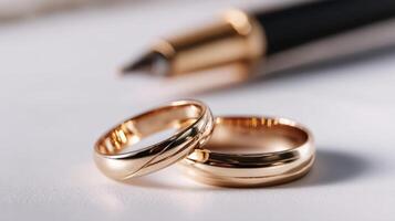The elegant wedding rings symbolizing love and commitment beside a luxurious pen. photo