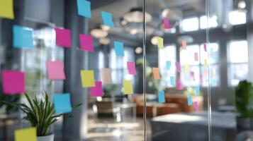The vibrant array of sticky notes adorning a modern office workspace. photo