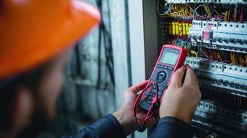 The electrician using a multimeter to test electrical circuits in a control panel. photo