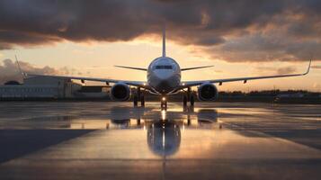 The airplane awaits takeoff at the airport during a stunning sunset. photo