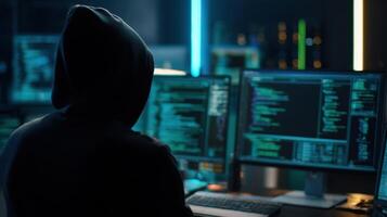 The hooded hacker engaged in intense programming at night. photo