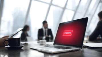 The laptop displaying a phishing alert in a modern business setting. photo