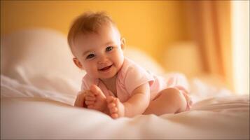 The adorable baby smiling happily on a cozy bed during playtime. photo