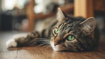 The relaxed domestic cat with striking green eyes lounging on the floor. photo