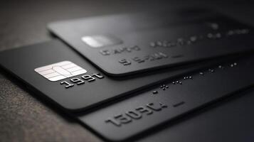 The elegant black credit cards stacked on a textured surface. photo