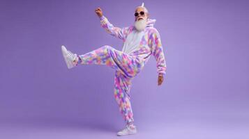 The elderly man in a vibrant, colorful unicorn onesie dancing playfully. photo