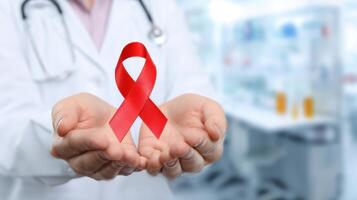The doctor holds a red ribbon symbolizing awareness and support for HIV prevention. photo