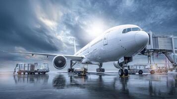 The impressive airplane prepares for departure under dramatic stormy skies. photo
