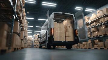 The Van Loaded with Boxes in a Modern Warehouse Environment photo