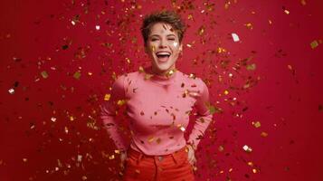 A woman is smiling while surrounded by confetti photo