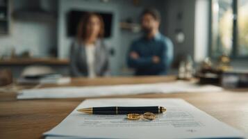 The signed divorce papers with wedding rings and a pen on a wooden desk. photo