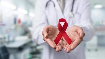 The doctor holds a red ribbon symbolizing awareness and support for HIVAIDS. photo