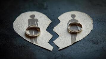 The broken heart featuring wedding rings and shadow silhouettes on paper. photo