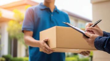 The Delivery Person Handing Over a Package at a Doorstep with Confirmation. photo