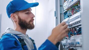 The electrician working diligently on a complex electrical panel installation. photo