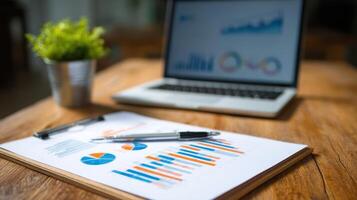 The document with charts and graphs on a wooden desk beside a laptop. photo