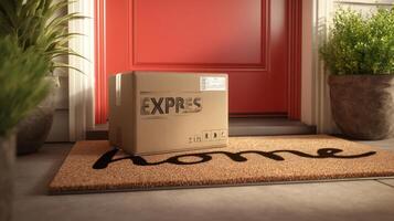 The package resting on a welcome mat outside a cheerful home door. photo