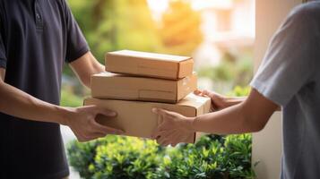 The Delivery Person Handing Over Packages in a Warm Outdoor Setting photo