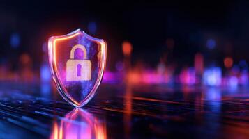 The glowing shield with a padlock representing digital security and protection photo