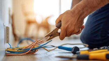The electrician working with colorful wires and tools in a home setting. photo