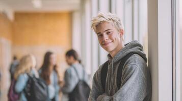 The cheerful teenager leaning against a wall in a bustling school hallway. photo