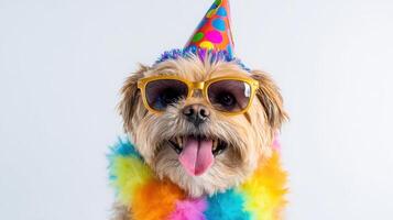 The cheerful dog wearing sunglasses and a party hat celebrating a birthday. photo