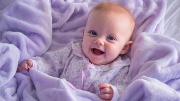 The joyful baby wrapped in a cozy purple blanket smiling brightly. photo