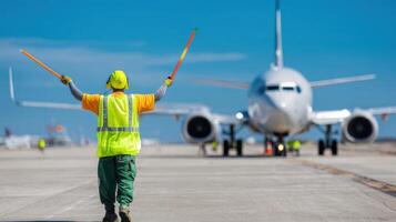 The airport worker guiding an airplane on the runway with safety equipment. photo