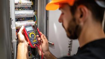 The electrician using a multimeter to test electrical components in a control panel. photo