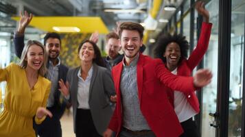 The dynamic team celebrating success with joyful expressions in a modern office environment. photo