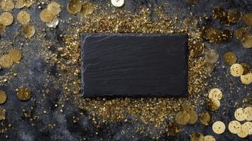 The elegant black slate surrounded by shimmering gold decorations and confetti photo