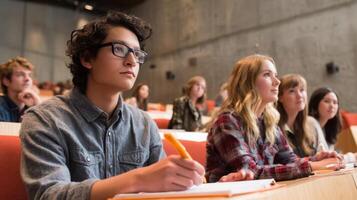 The attentive student taking notes during a university lecture in a modern classroom. photo
