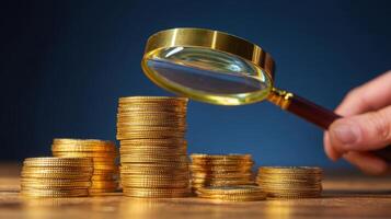 The magnifying glass examining golden coins on a wooden table photo