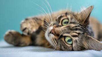 The adorable tabby cat enjoying a relaxing moment on a soft surface. photo