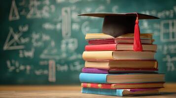 The graduation cap on a stack of colorful books against a chalkboard backdrop. photo