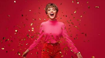The joyful woman celebrating with confetti against a vibrant red background. photo