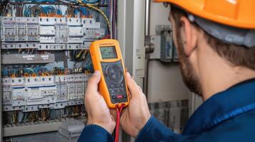 The technician using a multimeter to test electrical components in a panel. photo