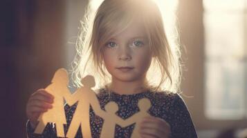 The young girl holding paper figures symbolizing family connections and love. photo