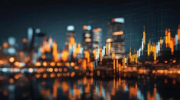 The dynamic financial graph overlaying a vibrant urban skyline at night. photo