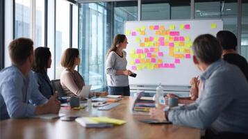 The team collaborates actively during a brainstorming session in a modern office. photo