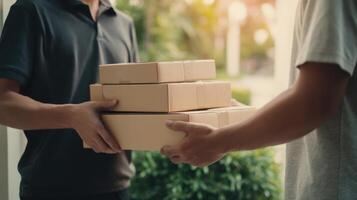 The Delivery Person Handing Over Multiple Packages at a Doorstep photo