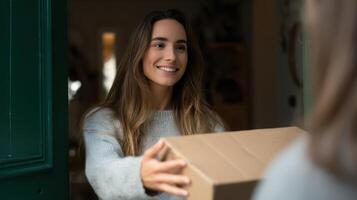 The smiling woman receiving a package at her front door with joy. photo