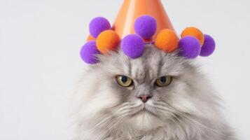 The cat wearing a festive party hat for a celebration mood. photo