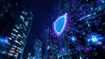 The Shield Representing Cybersecurity in a Modern Urban Landscape at Night photo