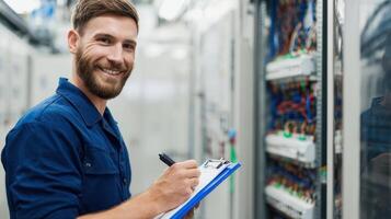 The technician reviewing electrical systems while smiling in a modern work environment. photo