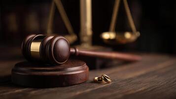 The gavel and wedding rings symbolizing the intersection of law and marriage. photo