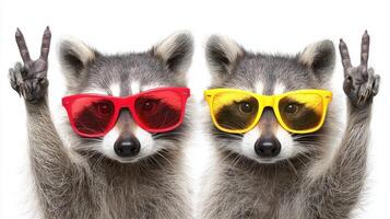 The playful raccoons wearing colorful sunglasses making peace signs. photo