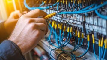 The technician repairing electrical connections with precision tools in a complex system. photo