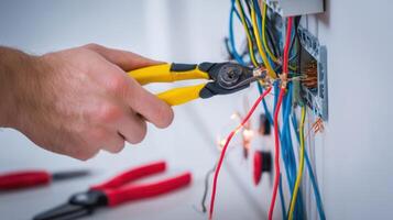 The Electrician Using Pliers to Connect Wires in a Modern Electrical Panel photo