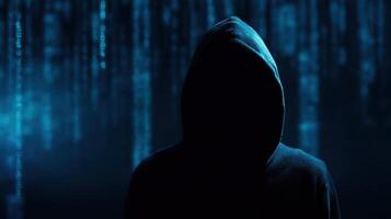 The mysterious figure shrouded in a digital world of binary code. photo